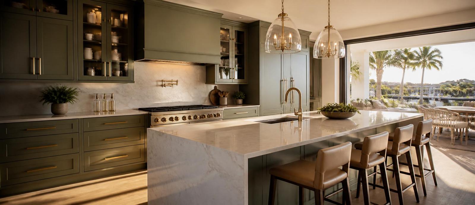 Luxury Florida kitchen remodel with a polished quartz waterfall island and olive green cabinetry at golden hour