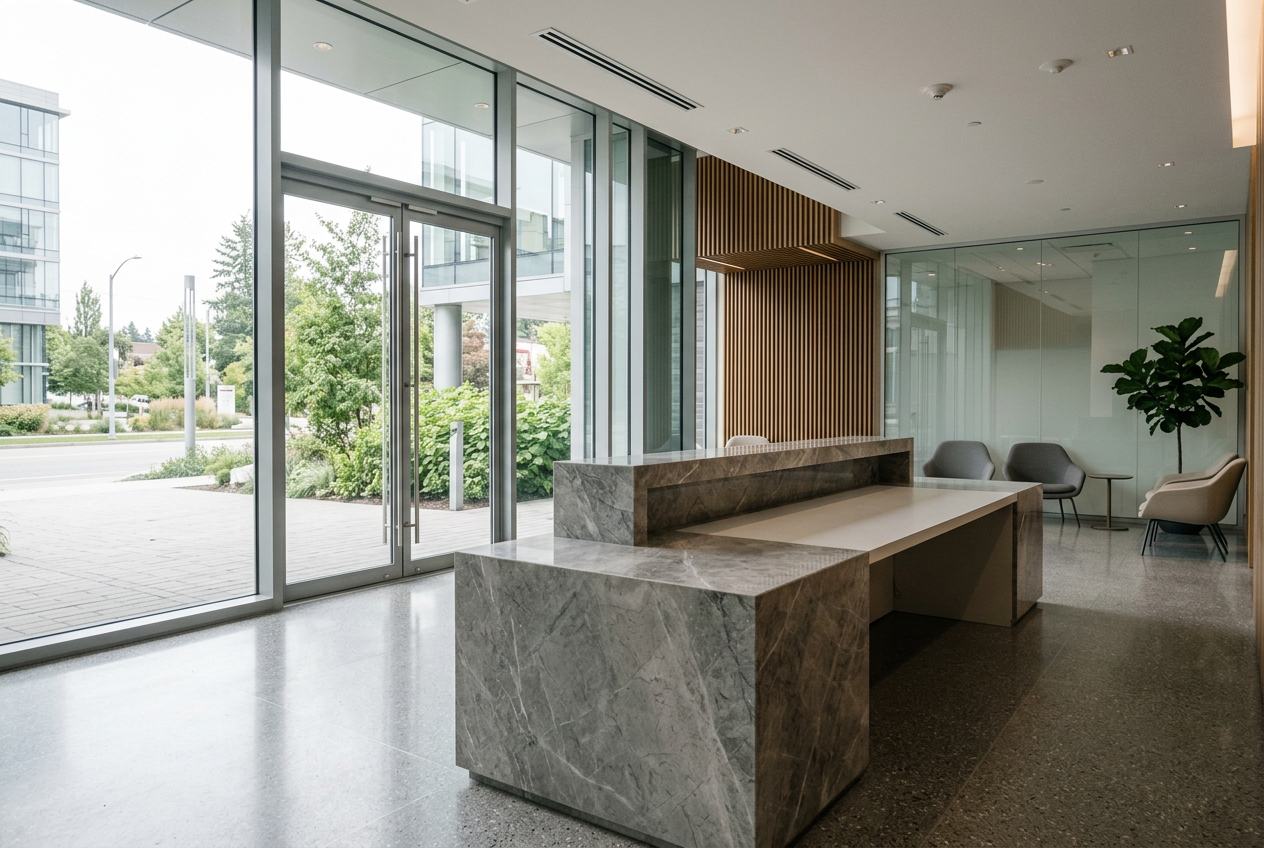 Polished stone reception desk in a bright modern commercial lobby with glass entry doors